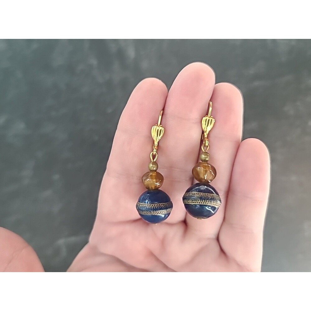 Blue And Gold Beaded Dangling Leverback Earrings Vintage Costume Jewelry